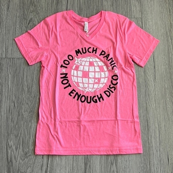 Too Much Panic Not Enough Disco Pink and White Bella Canvas Graphic Tee - Picture 1 of 5